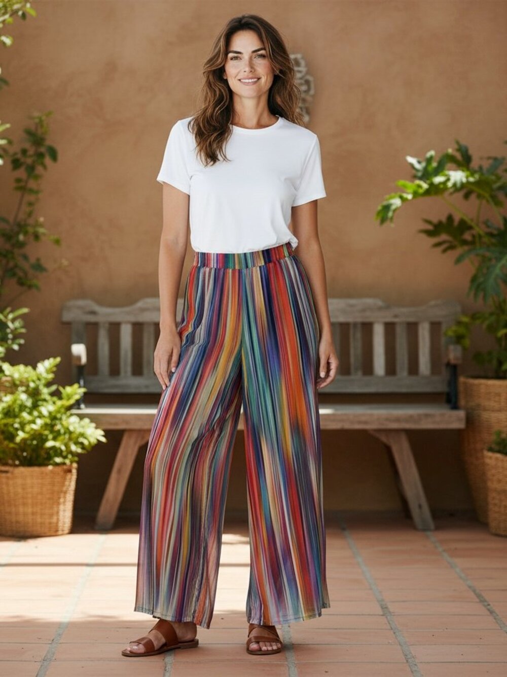 Bisou Bisou Michele Bohbot Women’s Wide Leg Palazzo Sheer Striped Pants Size M